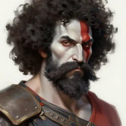 kratos with an afro and a giant mustache, digital painting masterpiece, gorgeous brush strokes, advanced lighting technology, by shigenori soejima