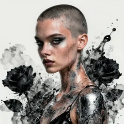 fierce wet fashion model, shaved head, in the style of irakli nadar, splashed, sweat skin, liquid metal, effervescent, black roses, poster art, high detail, hyperrealistic illustration, watercolor, deep mood, hyperrealism, 3 d,