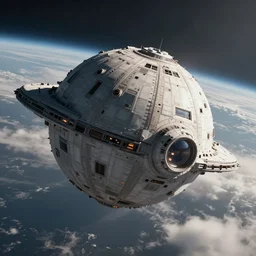 wide shot of a ball shaped sci fi space ship entering the atmosphere of a planet, clouds, the space ship is round, sharp focus, concept art, very detailed, very realistic, trending on artstation, in the style of star wars, beautiful, sci fi, cinematic shot, great composition, dynamic light, atmosphere, wojtek kapusta, jonathan ching, edgaras cernikas, scott robertson,