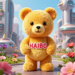 portrait of haribo bear in future city, color and shape focus, central composition, natural light, bloom, puff, by simon stalenhag and rene magritte and