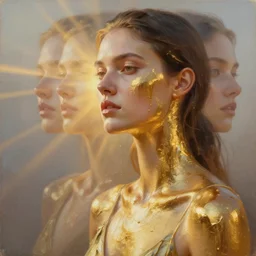 3 d, close - up, fashion model, liquid gold, morning, sun rays, poster art, hyper detail, intricate oil painting, multiple exposure, morning mood, 3 d, by tooth wu and wlop and beeple and greg rutkowski