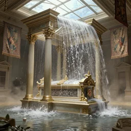 beautiful flooding victorian tomb, water flowing from pillars, glass ceilings, tapestries hanging from ceiling, light dust, by peter mohrbacher dan mumford craig mullins nekro, cgsociety, pixiv, volumetric light, 3 d render