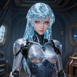 intense demeanor. close portrait. ship interior bg. screenshot of a scene in metroid zero of pretty beautiful cybertronic gynoid painted by norman rockwell. character designed by hideaki anno. bodysuit. lustrous crystalline hair. digital. lighting by james gurney. trending on artstation. masterpiece. artgerm mucha rutkowski.