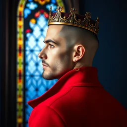 side - view portrait of a man wearing a small and slim crown, buzzcut, stubble, wears a red coat, gothic stained glass window, shiny blue background, very masterful, royal, backlit
