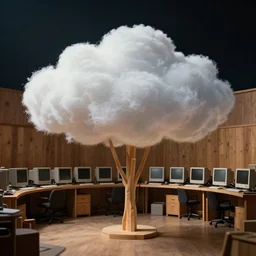 realistic photo of the clouds made of wood, fluffy and fancy, standing in the wooden room full of computers. sky is dark 1 9 9 0, life magazine reportage photo