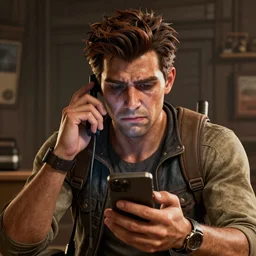 CGI portrait of realistic good looking Handsome Jack, from the Borderlands Series, with the Conference Call in his hands, and a sadistic expression in his eyes, octane render, 8k, detailed, photorealistic, arnold render, photoshopped