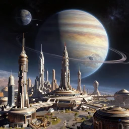 a retro futuristic space city orbiting a gas giant planet in a beautiful universe by robert mccall and john berkey | ralph mcquarrie :. 5 | unreal engine :. 3
