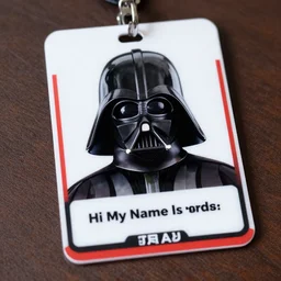 Darth Vader wearing a convention style name badge that says Hi My Name Is Darth