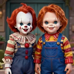 Chucky and his girlfriend in the style of pennywise, digital art, illustration, well detailed
