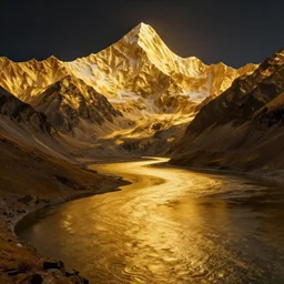 golden mountains. golden river. golden alpine lake. night time. darkness. octane render. volumentric lighting. magical atmosphere. cinematic. realistic. vast landscape. golden lighting. large scale