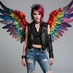 a punk angel with multicolored wings dressed in a sleeveless leather jacket, button up shirt, and ripped jeans trending on artstation deviantart pinterest furaffinity detailed realistic hd 8 k high resolution