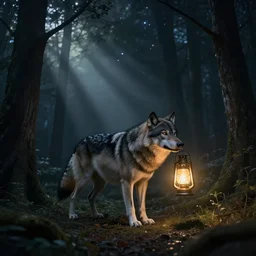 a wolf with a lantern held on its mouth travelling through a dark, gloomy forest with stars around it, zaba style, cinematic, sunbeams, detailed, hq, trending on artstation, wide shot, dramatic lighting