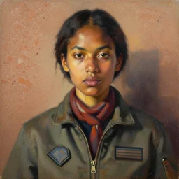 portrait in daring femininity, ethnic, determined realistic face, flight suit w scarf, warm glow, bathed in light, chiaroscuro, captured memory, angular impressionism, radiosity, terrazzo, earthy tones, modern fashion, contemporary art, oil on canvas