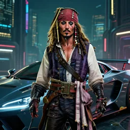 jack sparrow in the game of cyberpunk 2 0 7 7, portrait, focus, 3 d illustration, sharp, intricate, poster, jack sparrow standing in front of the futuristic car, night city dystopian cyberpunk city in the background