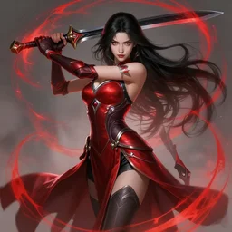a highly detailed illustration of elegant long black haired woman wearing red and black battle dress, heroically wielding black blade pose, with red magic surrounding her, intricate, elegant, highly detailed, centered, digital painting, artstation, concept art, smooth, sharp focus, league of legends concept art, WLOP