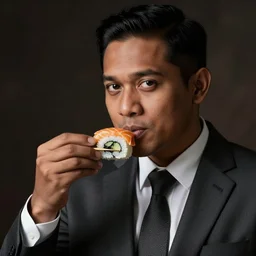 photo, papua man in business suit eating sushi