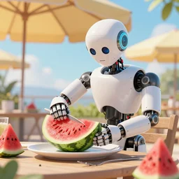 a robot cutting watermelon under a sun umbrella on a summer day, sharp focus, extremely detailed, featured in artstation, digital art, cinematic lighting, illustration, art by erik johansson, greg rutkowski