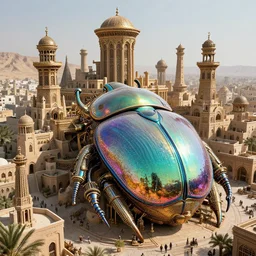 colossal steampunk city made of iridescent beetle carapace, ancient middle eastern architecture _n6