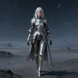 an illustration of the hermit queen, walking through distant planes, pale hair, one eye, intricate details, detailed face, detailed armour, artstation, epic pose, view from distance, night light, starry sky, by rembrandt