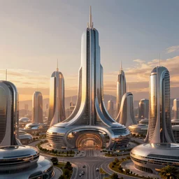 futuristic solarpunk utopian cityscape, 4 k - hd photo during golden hour / great lighting
