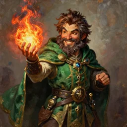 beautiful portrait painting of a very short and small male halfing bard with brown hair with some grey hairs, wearing very fancy green cape, full beard, ridiculous smile, from pathfinder, evil smirk, narcissist, self centered, casting fireball, painted by larry elmore, wayne reynolds, greg rutkowski, magic the gathering, dungeons and dragons, dishonored 2