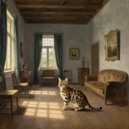 museum painting, wide - shot, small bengal cat, 1 7 th century, in the large living room, oil painting, dreamy, early morning light, light squares on the floor, matte painting, masterpiece, alicia rius, reichert, orlov