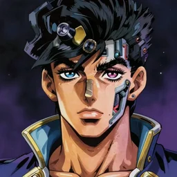 the frontal portrait of jonathan joestar in the jojo comics, the left half of the face is normal skin, the right half of the face is a futuristic mechanical style human face, technology sense, mystical, pop surrealism by james jean, roby dwi antono, ross tran, steven kenny, paul neberra, ashley wood, atmospheric