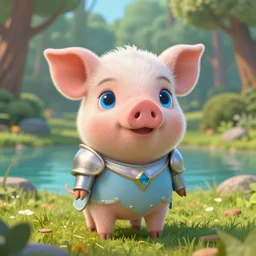 very cute and adorable little piggy knight, big beautiful blue eyes, piglet, fantasy forest landscape, lake, pale blue outfit, pretty, semi realistic, hyper detailed, 8k, Behance, Artstation, trending on artstation, art of silverfox, Yee Chong Silverfox, Sydney Hanson, Sofya Emelenko, Elina Karimova