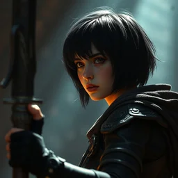 young female fantasy rogue with black short hair, dramatic lighting, cinematic, establishing shot, extremely high detail, photo realistic, cinematic lighting, post processed, concept art, artstation, matte painting, style by eddie mendoza, raphael lacoste, alex ross