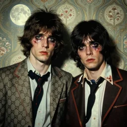 two handsome but sinister young men wearing gucci in layers of fear, with haunted eyes and wild hair, 1 9 7 0 s, seventies, wallpaper, a little blood, moonlight showing injuries, delicate embellishments, painterly, offset printing technique, by brom, robert henri, walter popp