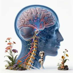 x - ray of human head, brain, spine, nervous system, circuitry, flowers, sculpture, physical based render, hyper - maximal, surrealism, glitchcore, nychos, android jones, ljubomir popovic, guiseppe acrimboldo, adrian ghenie