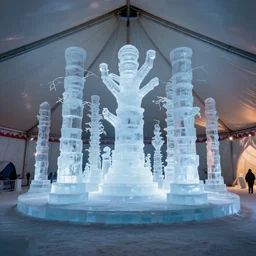 inside a huge circus tent that has a giant ice sculpture forest inside it, cold ambient light, artwork by gerald brom, 4 k, masterpiece,