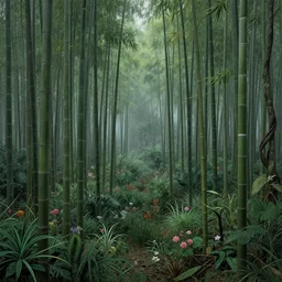 bamboo forest, lot of exotic vegetation, trees, flowers, dull colors, in the foggy huge forest, by moebius, junji ito, tristan eaton, victo ngai, artgerm, rhads, ross draws, hyperrealism, intricate detailed