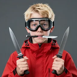 a blonde teenager with goggles and in a red jacket holds a knife in his mouth, a knife in his right hand and a knife in his left hand