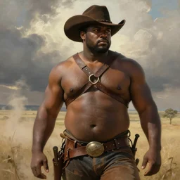 a beautiful dramatic epic painting of a thicc beefy shirtless handsome! black man | he is wearing a leather harness and cowboy hat | prairie setting, dust clouds | homoerotic, highly detailed, dramatic lighting | by Mark Maggiori, by William Herbert Dunton, by Charles Marion Russell | trending on artstation