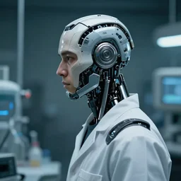 a laboratory operator man with cybernetic enhancements seen from a distance, halfbody headshot, scifi character portrait by bayard wu, craig mullins, daytoner, cinematic lighting, dystopian scifi gear, profile picture, mechanical, cyborg, half robot