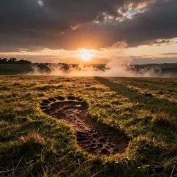 giant footprint covered landscape with sunset and steam in the distance