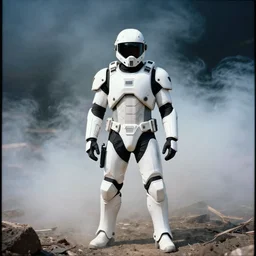 “a futuristic combat medic wearing white battle armour emerging from smoke on a battlefield, colour photograph 35mm”