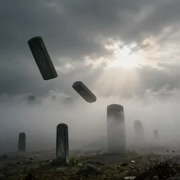 thick fog, stelae levitating in the sky, untethered stelae, zdzislaw beksinski