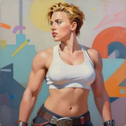 greg manchess portrait painting of scarlett johansson as posing thick muscular bodybuilder zarya from overwatch, wife face, medium shot, robust body, asymmetrical, profile picture, organic painting, sunny day, matte painting, bold shapes, hard edges, street art, trending on artstation, by huang guangjian and gil elvgren and sachin teng