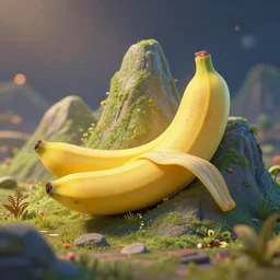 banana split mountains. award - winning 3 d animation by an indie studio, rimlighting, depth of field, limited but vibrant palette, intricate details, impressionism, chiaroscuro, bokeh.