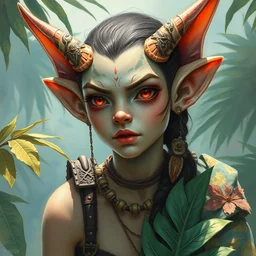 a goblin girl in the tropics. highly detailed, digital painting, watercolor, soviet realism, engraving, artstation, concept art, smooth, sharp focus, vivid grunge, manga, illustration, unreal engine 5, 8 k, art by bilibin and kuvshinov and malevich and mucha