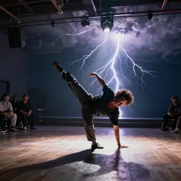 a photo of Bob Ross breakdancing studio lightning