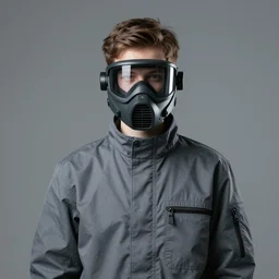 teenager wearing a boiler suit and a futuristic full face mask