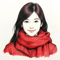 portrait of friendly girl wearing winter clothing and scarf, red tones, detailed drawing, smooth and sharp black outlines, flat inked colors, scratched shadow, moebius, jean giraud, frank miller