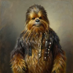 portrait of chewbacca wearing a black buttoned jacket with a white puff tie, an american romanticism painting, a portrait painting, oil on canvas