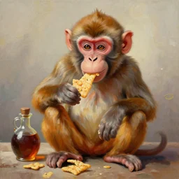 monkey eating rice crackers oil painting trending on artstation