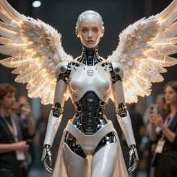 a stunning ultra detailed fantasy fine art full body portrait photo of a robot from ex machina movie dressed as an angel with glowing wings, by artgerm, karol bak and lisa holloway photography, 2 4 mm lens, golden ratio composition, deep depth of field, perfect eyes and face, cyberpunk, soft lighting, artstation, 8 k
