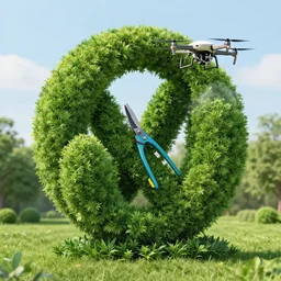 photo of a drone with hedge scissors making a sculpture out of a hedge. high quality 4 k