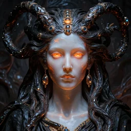 detailed portrait, high priestess, gorgon, regal molten face sculpted features, large eyes, statuesque, translucent skin, silk hair, tech noir, opulent, smooth, jewel, lit from within, chiaroscuro, organic impressionism, deep backdrop, natural colors, octane render